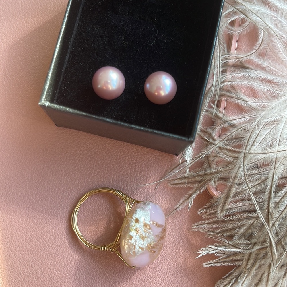 Pink Pearl Earrings & Glass ring Handmade Artisan Y2K gold - Picture 2 of 8